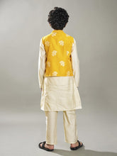 Boys off white kurta pajama with a  jacquard booti jacket